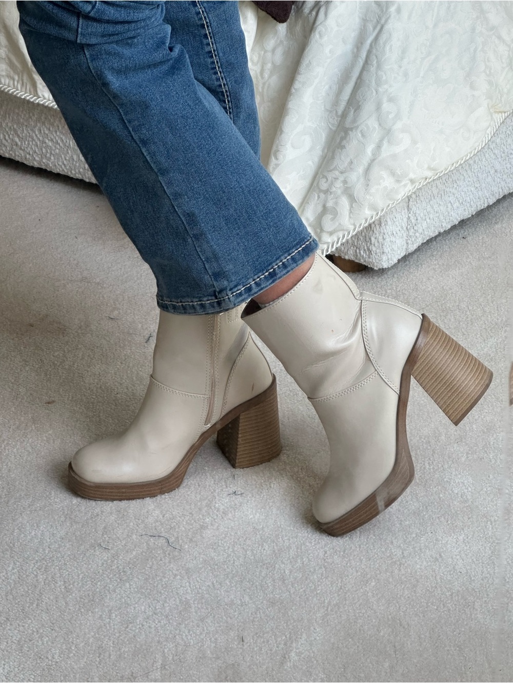 Women’s Cream Block Heel Ankle Boots - Picture 2 of 5